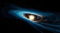 Dramatic cosmic black hole with glowing blue accretion disk and bright energy burst in deep space, surrounded by swirling matter streams against starry background.