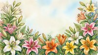 Colorful lily flowers border frame with green leaves on soft watercolor background for greeting cards, invitations and floral design projects.