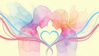 Watercolor heart with flowing ribbons and soft pastel colors on cream background, symbolizing love, romance and emotional connection for greeting cards.