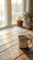 Steaming mug of hot beverage sits on rustic wooden table by bright window with warm sunlight, potted plant and blurred bokeh lights in background for cozy morning or relaxation concepts.