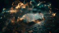 Glowing digital network cloud hovering above circuit board with golden light particles and data streams, representing cloud computing, artificial intelligence, and technology infrastructure for business applications.