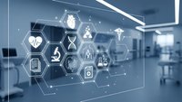 Modern hospital corridor with floating digital healthcare icons and hexagonal interface elements representing medical technology and innovation.