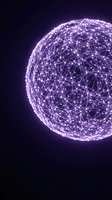 Glowing purple sphere with interconnected network nodes and lines representing global connectivity, data transfer, and digital communication technology on dark background.