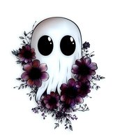 Cute ghost character with big eyes surrounded by dark purple flowers and botanical elements on white background, ready for Halloween designs and merchandise.