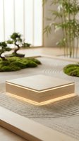 Wooden platform with LED lighting on zen garden sand with bonsai and bamboo plants in serene spa interior for product display and meditation space design.