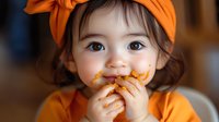Adorable Asian toddler girl in orange outfit and matching headband eating messy food with hands, showing pure joy and authentic childhood moment in natural light.