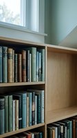 Wooden bookshelf with vintage books in cozy reading nook by window. Natural light illuminates organized library collection in modern home interior design.