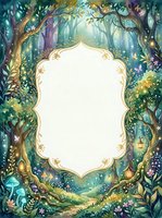 Enchanted forest watercolor frame with glowing lanterns, mushrooms, and magical trees surrounding a blank center for text or design.