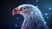 Digital eagle head with glowing neon effect against dark background, featuring geometric network connections and luminous blue particles. Modern tech concept.
