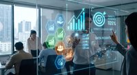 Business team analyzing digital data visualization dashboard with holographic charts and graphs in modern office conference room.