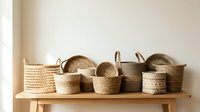 Collection of woven natural fiber baskets in various sizes displayed on wooden shelf against neutral wall for home organization and decor storage.