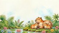 Watercolor capybara family resting among tropical plants and colorful flowers near a pond, soft pastel background with copy space.