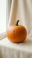 Orange pumpkin on windowsill with natural light and beige curtain for autumn harvest decoration and seasonal home styling.
