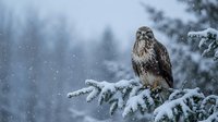 Majestic falcon perched on snow-covered branch during winter snowfall, surrounded by frosted evergreen trees in natural habitat for wildlife and nature content.