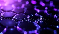 Glowing purple molecular structure with hexagonal shapes and connecting lines on dark background, scientific visualization of nanotechnology network.
