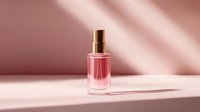 Elegant pink perfume bottle with gold cap casting dramatic shadows on dusty rose background, minimal luxury cosmetic product photography for beauty advertising.
