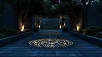 Illuminated garden path with ornate circular medallion pattern inlaid in stone flooring, framed by modern concrete walls and trees with dramatic evening lighting.