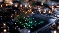 Glowing fiber optic lights emerging from computer circuit board with green digital data streams and bokeh effects, representing modern technology and connectivity.
