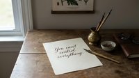 Handwritten motivational quote on paper at wooden desk with vintage brass inkwell and quill pens in cozy home office setting for inspiration and productivity.