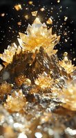 Glowing golden crystal lotus flowers emerge from dark rocky surface amid magical sparkles and light particles, creating mystical mineral formation atmosphere.