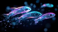 Luminous dolphins made of glowing particles swim through dark water, creating magical effect with blue and purple neon lights and sparkles against black background.