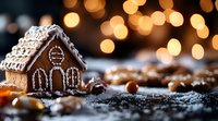 Gingerbread house with white icing decorations against blurred golden Christmas lights background, dusted with powdered sugar creating magical winter atmosphere.