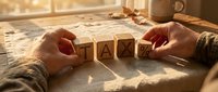 Hands arranging wooden blocks spelling tax on desk with financial documents and coffee cup, representing accounting, business planning, and tax preparation services.