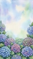 Watercolor hydrangea flowers frame with soft pastel colors and green leaves on dreamy background for spring wedding invitations and floral designs.