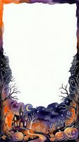 Watercolor Halloween border frame with haunted house, pumpkins, ghosts and bats on dark night sky, copy space for text or design.