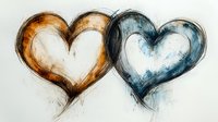 Artistic watercolor hearts in brown and blue tones intertwined on white background, expressing love and connection through loose brushstrokes and fluid painting technique.