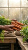 Farmer hands holding fresh organic carrots with green tops in greenhouse, showcasing sustainable agriculture and homegrown vegetables for healthy eating.