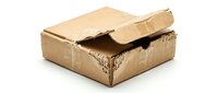 Damaged brown cardboard shipping box with torn edges and worn corners isolated on white background for packaging and delivery concepts.