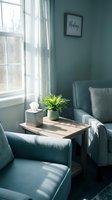 Cozy teal living room corner with armchair, wooden side table, green plant and natural window light for modern home interior design and relaxation space.