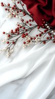Red and white berries on branches against draped white fabric and burgundy background create elegant holiday mood with soft flowing textile texture.