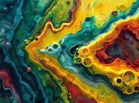 Vibrant fluid art with swirling patterns of teal, yellow, and red creating an abstract landscape of colorful marbled textures.