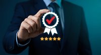 Businessman holding quality assurance badge with checkmark and five stars representing excellence certification and premium service standards.
