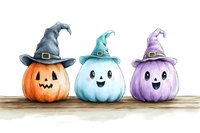 Cheerful watercolor pumpkins wearing witch hats in orange, blue, and purple colors sitting on wooden surface, featuring cute smiling faces for Halloween decoration.