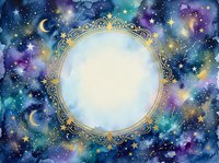 Watercolor night sky background with gold ornate round frame, stars, crescent moons, and cosmic nebula in blue, purple, and teal hues.