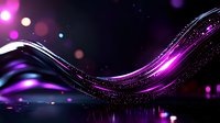 Glowing purple wave with sparkling particles and bokeh lights on dark background creates dynamic flowing motion effect for abstract designs.