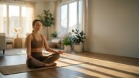 Woman in athletic wear practicing yoga in a bright, plant-filled studio space with natural sunlight streaming through windows, suitable for wellness and fitness content.