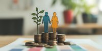 Elderly couple paper cutout figures standing on coin stacks with growing plant symbolizing retirement savings, pension fund and financial security planning.