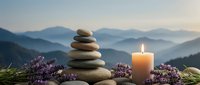 Zen stone stack with burning candle and lavender flowers against misty mountain landscape at sunset for meditation and wellness practices.