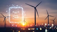 Wind turbines generating renewable energy at sunset with digital analytics dashboard overlay showing sustainable power data and performance metrics.
