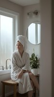 Young woman in white bathrobe and towel relaxing in modern bathroom after spa treatment. Self-care wellness routine at home with natural light and plants.