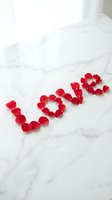 Red rose petals arranged to spell the word Love on a white marble surface, romantic Valentine's Day concept for cards and decor.