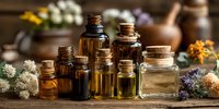 Collection of essential oil bottles with cork stoppers surrounded by dried herbs and flowers on rustic wooden surface for aromatherapy and natural wellness.