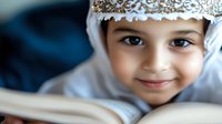Young Middle Eastern boy wearing traditional white and gold embroidered cap smiles warmly while reading book, close up portrait with soft natural lighting and shallow depth of field.