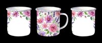 Enamel mug mockup with pink and purple floral wrap design, isolated on transparent background. Ready for sublimation, print on demand, and mug design projects.