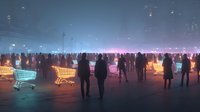 Surreal shopping scene with glowing carts and silhouetted people in atmospheric warehouse space with colorful lighting effects for commercial concepts.