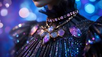 Sparkling crystal flower necklace with purple gemstones on dark fabric against blurred blue bokeh background, macro shot capturing luxury jewelry details.